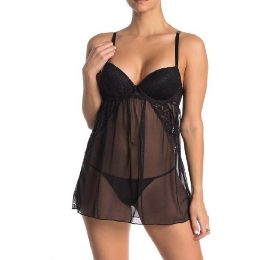 Jessica Simpson Lace Mesh Babydoll & Thong Set